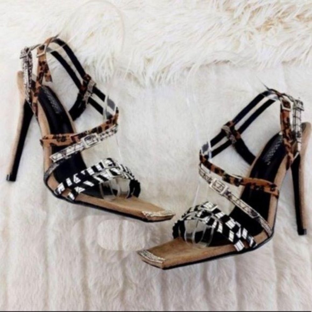 Animal Print Strappy Square Toe Heels in Nude